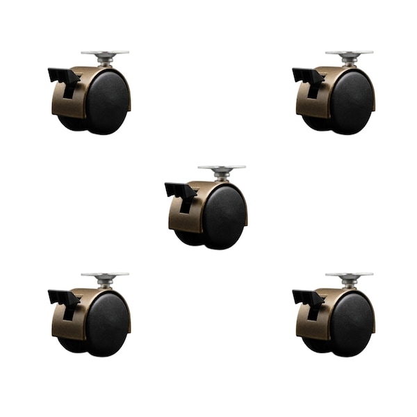 2'' Antique Metal Hood Twin Caster with Brake Nylon Wheels Top Plate, 5PK